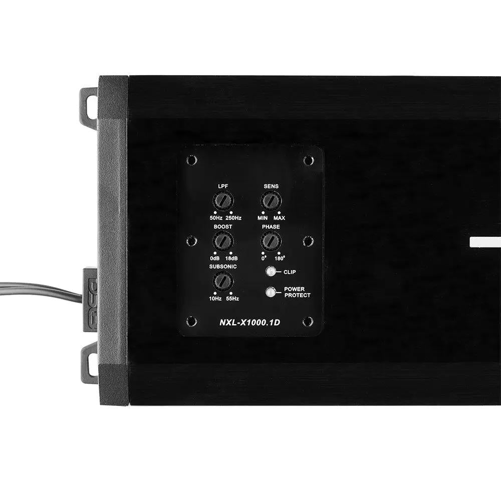 NXL-X1000.1D amplifier control panel with low-pass, sensitivity, boost, phase and subsonic adjustments and clip and power/protect indicators.