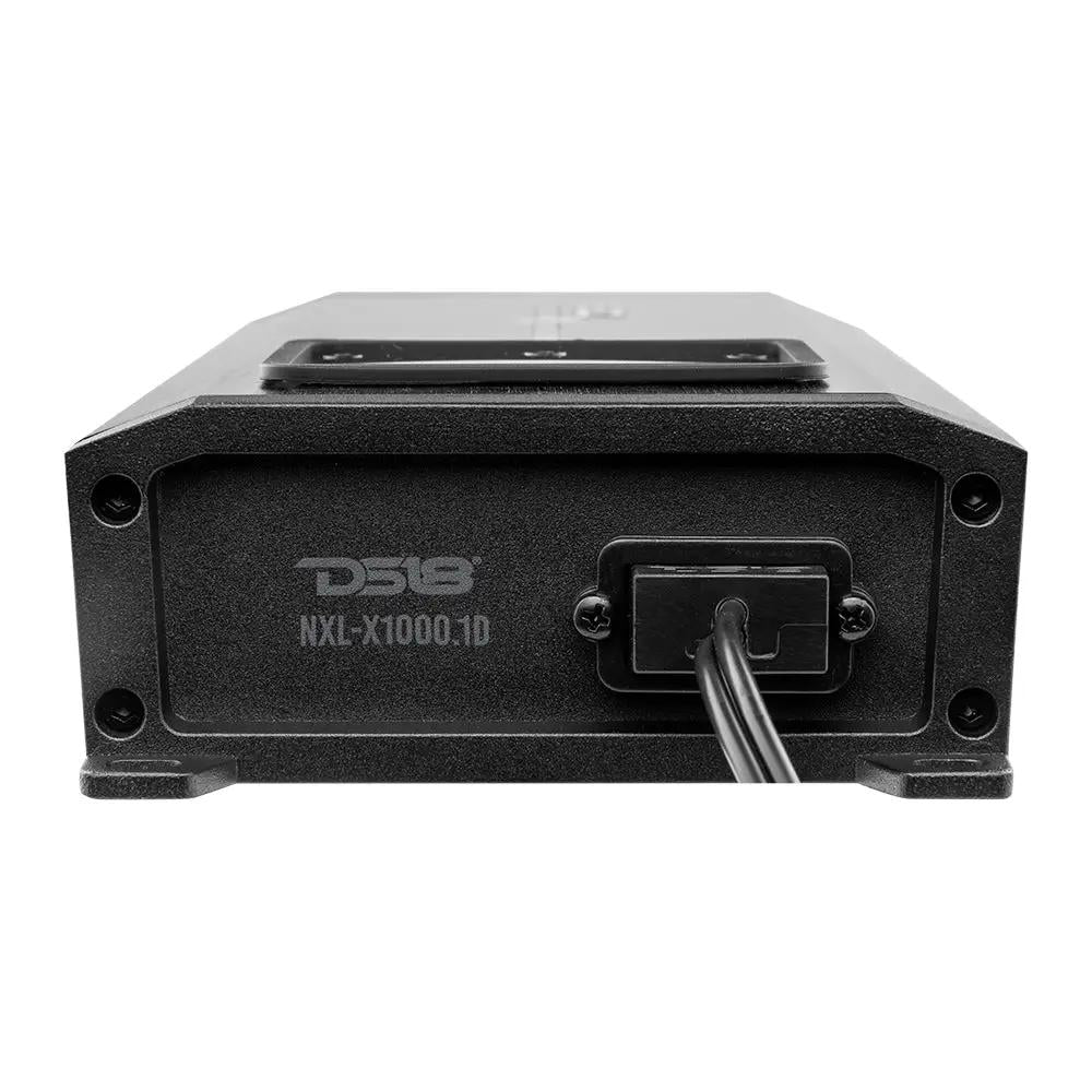 DS18 NXL-X1000.1D amplifier end panel with model marking, cable entry and mounting feet.