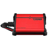 Red DS18 marine amplifier with black end caps, mounting feet and a bundled wiring harness.