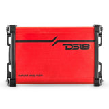 Top view of a red DS18 marine amplifier with black logo graphics, end caps and mounting tabs.