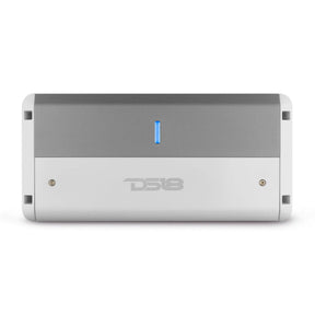 Top view of a silver-and-gray DS18 amplifier with a blue indicator bar