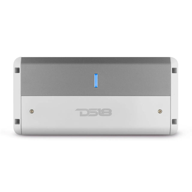 Top view of a silver-and-gray DS18 amplifier with a blue indicator bar