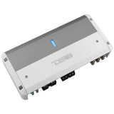 Angled top view of a silver and white DS18 amplifier with a blue indicator and terminals along one edge