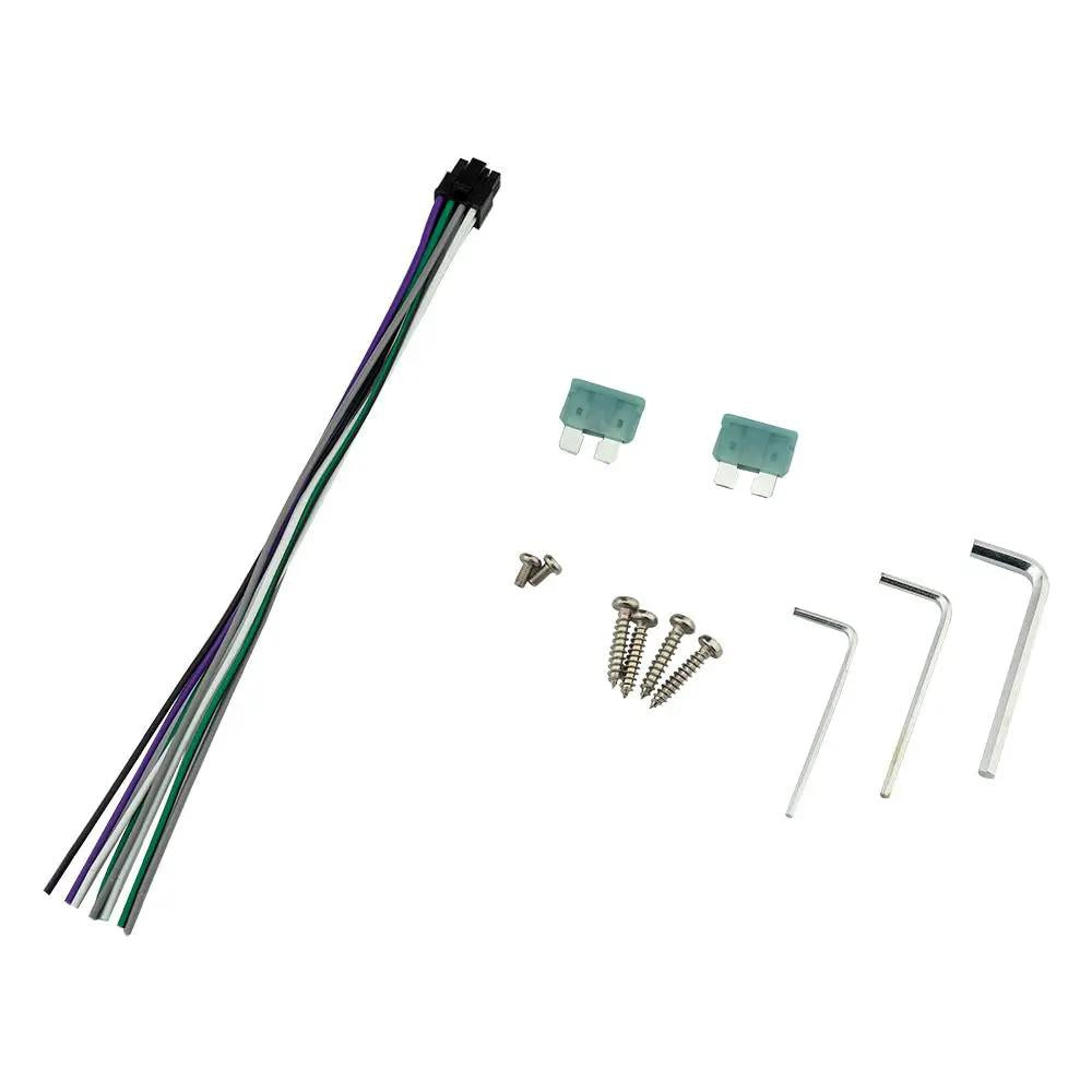 Amplifier accessory set with a multicolored wire plug, two blade fuses, screws and three hex keys