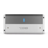 Top view of a silver and white DS18 amplifier with a blue indicator and smooth control cover