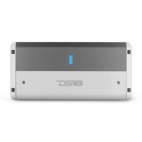 Top view of a silver and white DS18 amplifier with a blue indicator and smooth control cover