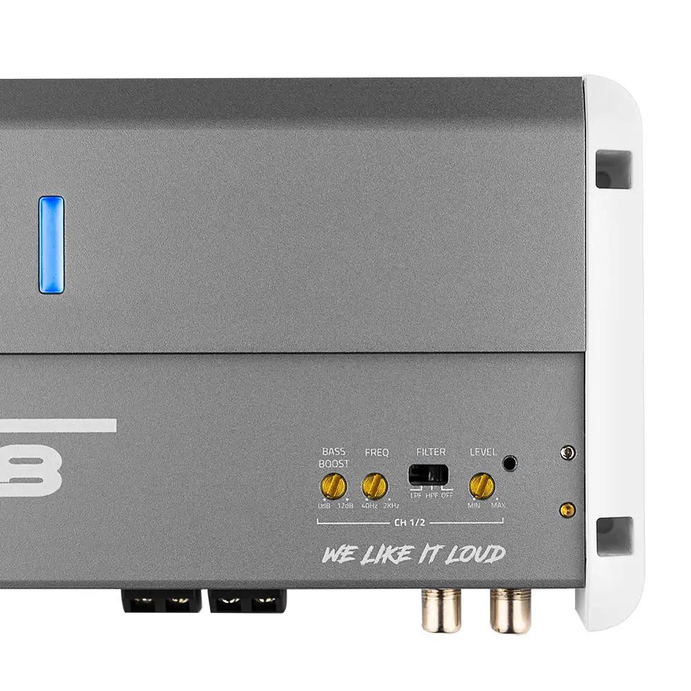Close-up of a DS18 amplifier showing its blue indicator and bass boost, frequency, filter and level controls