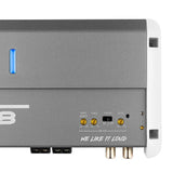 Close-up of a DS18 amplifier showing its blue indicator and bass boost, frequency, filter and level controls