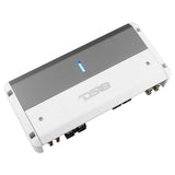 Angled top view of a silver and white DS18 amplifier with a blue indicator and connectors along one edge