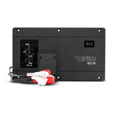 DS18 NXL-F4 amplifier with exposed controls, a display reading 14.4 and red and white capped RCA leads