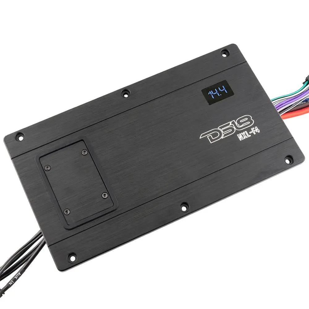 Angled top view of a black DS18 NXL-F4 amplifier with a recessed cover and illuminated 14.4 readout