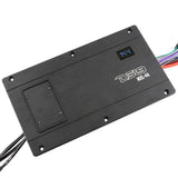 Angled top view of a black DS18 NXL-F4 amplifier with a recessed cover and illuminated 14.4 readout
