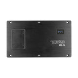 Top view of a black DS18 NXL-F4 amplifier with its control cover fitted and a display reading 14.4