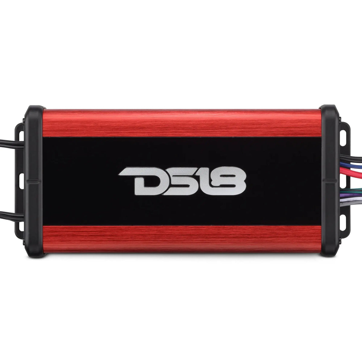 Top view of a red and black DS18 amplifier with wiring leads extending from both ends