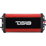 Top view of a red and black DS18 amplifier with wiring leads extending from both ends