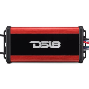 Top view of a red and black DS18 amplifier with wiring leads extending from both ends