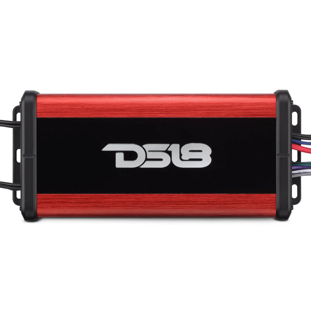 Top view of a red and black DS18 amplifier with wiring leads extending from both ends