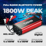 DS18 NXL-N4BT power graphic: 1800W peak; RMS output of 4 x 100W at 4 ohms, 4 x 150W at 2 ohms, or 2 x 300W bridged at 4 ohms