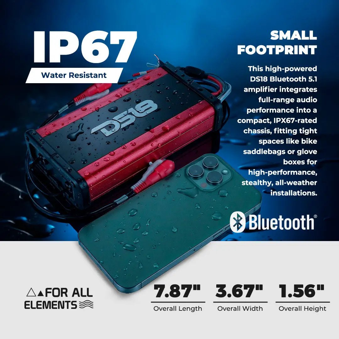 DS18 amplifier graphic highlighting IP67 water resistance, Bluetooth 5.1 and dimensions of 7.87 by 3.67 by 1.56 inches