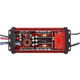 Open red DS18 amplifier housing showing its circuit board, capacitors, copper coil and wire leads
