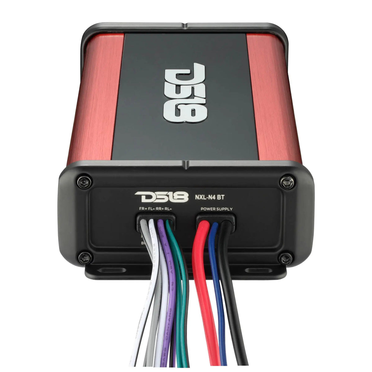 DS18 NXL-N4BT amplifier end panel with labeled speaker wiring and power-supply leads