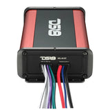 DS18 NXL-N4BT amplifier end panel with labeled speaker wiring and power-supply leads