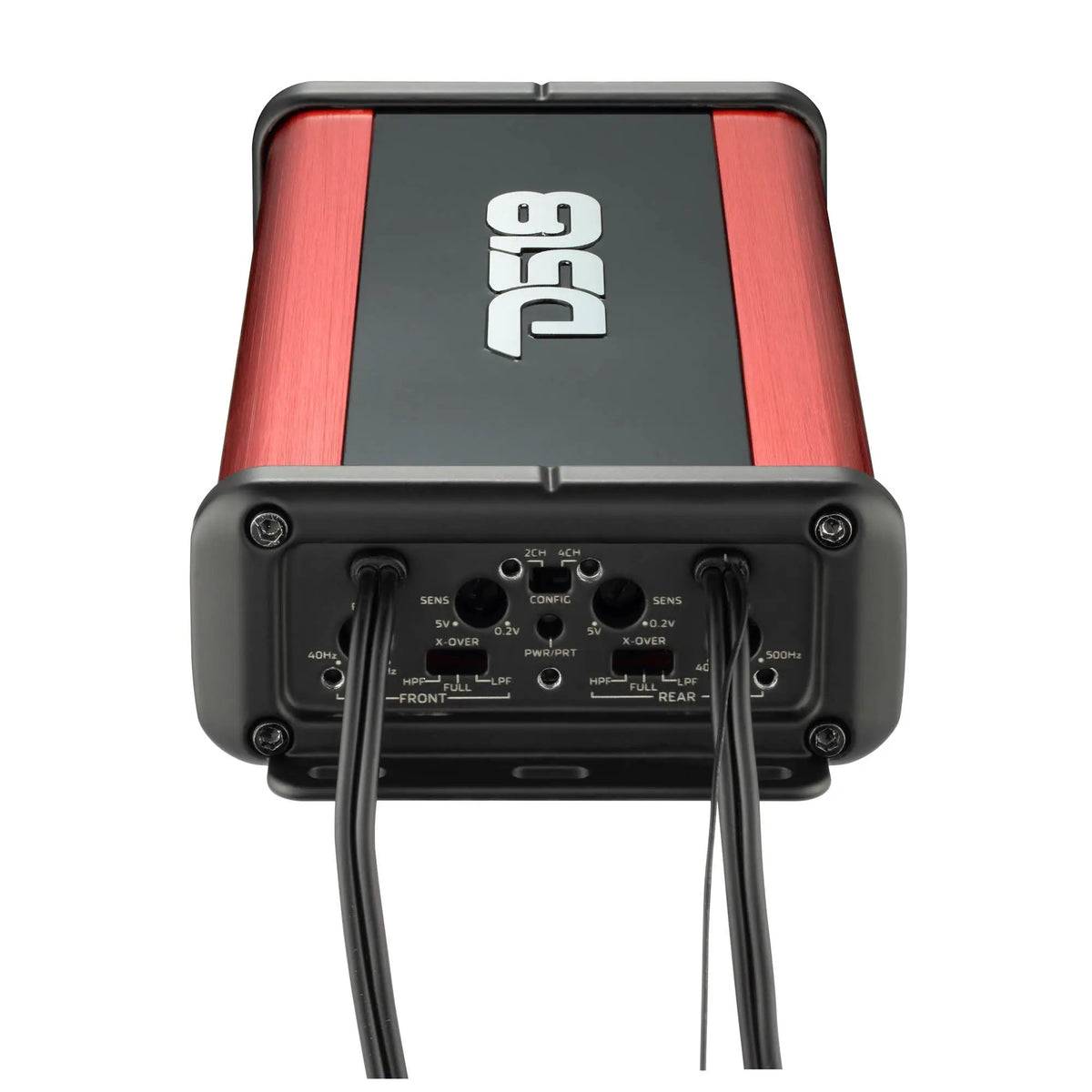 Angled view of a red-and-black DS18 amplifier showing its exposed adjustment controls and attached cables