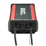 Angled view of a red-and-black DS18 amplifier showing its exposed adjustment controls and attached cables