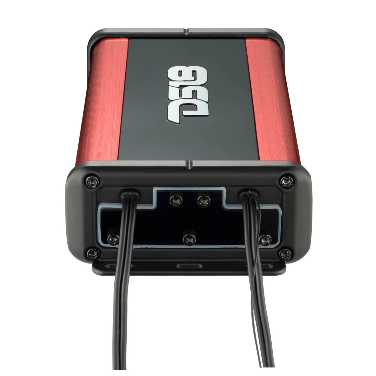 End view of a red and black DS18 amplifier with two black cables and mounting feet