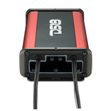 End view of a red and black DS18 amplifier with two black cables and mounting feet