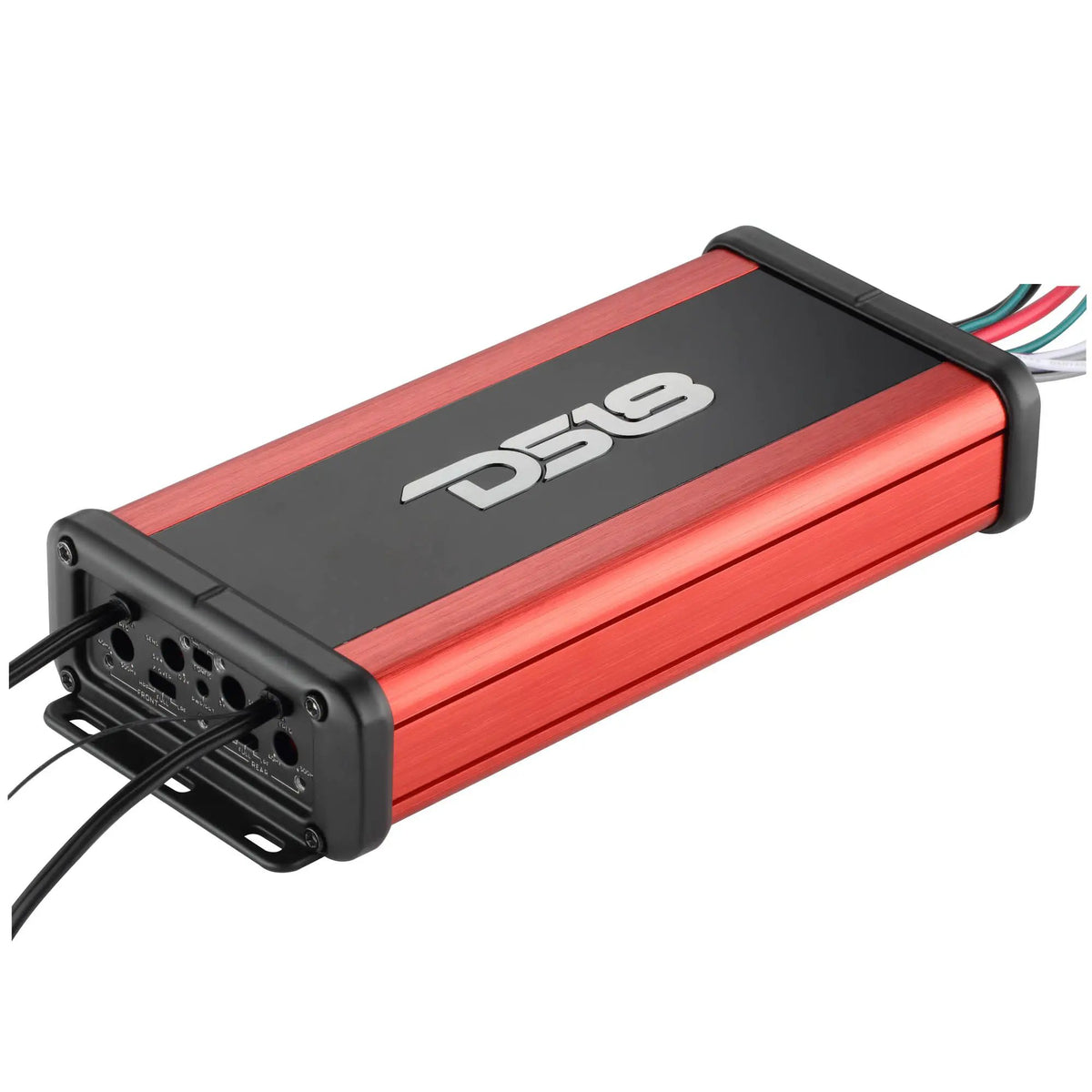 Angled view of a red and black DS18 amplifier with cables extending from both ends