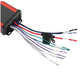 Close-up of an amplifier's multicolor wiring leads, labeled ends and inline fuse holder