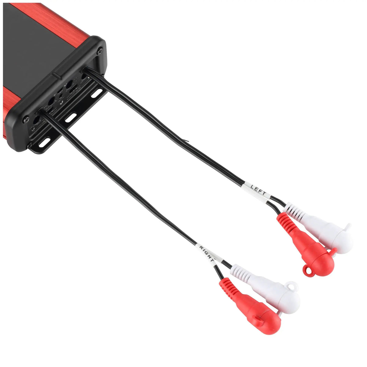 Two amplifier cables ending in red and white capped RCA connectors