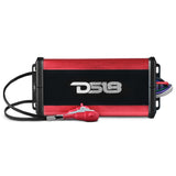 Top view of a red-and-black DS18 amplifier with RCA leads, wire bundle and mounting tabs