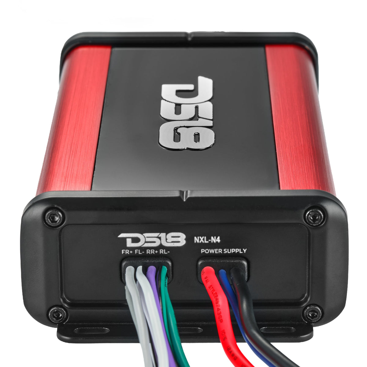 DS18 NXL-N4 amplifier end panel with labeled speaker wiring and power-supply leads