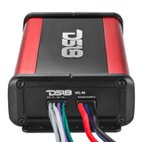DS18 NXL-N4 amplifier end panel with labeled speaker wiring and power-supply leads
