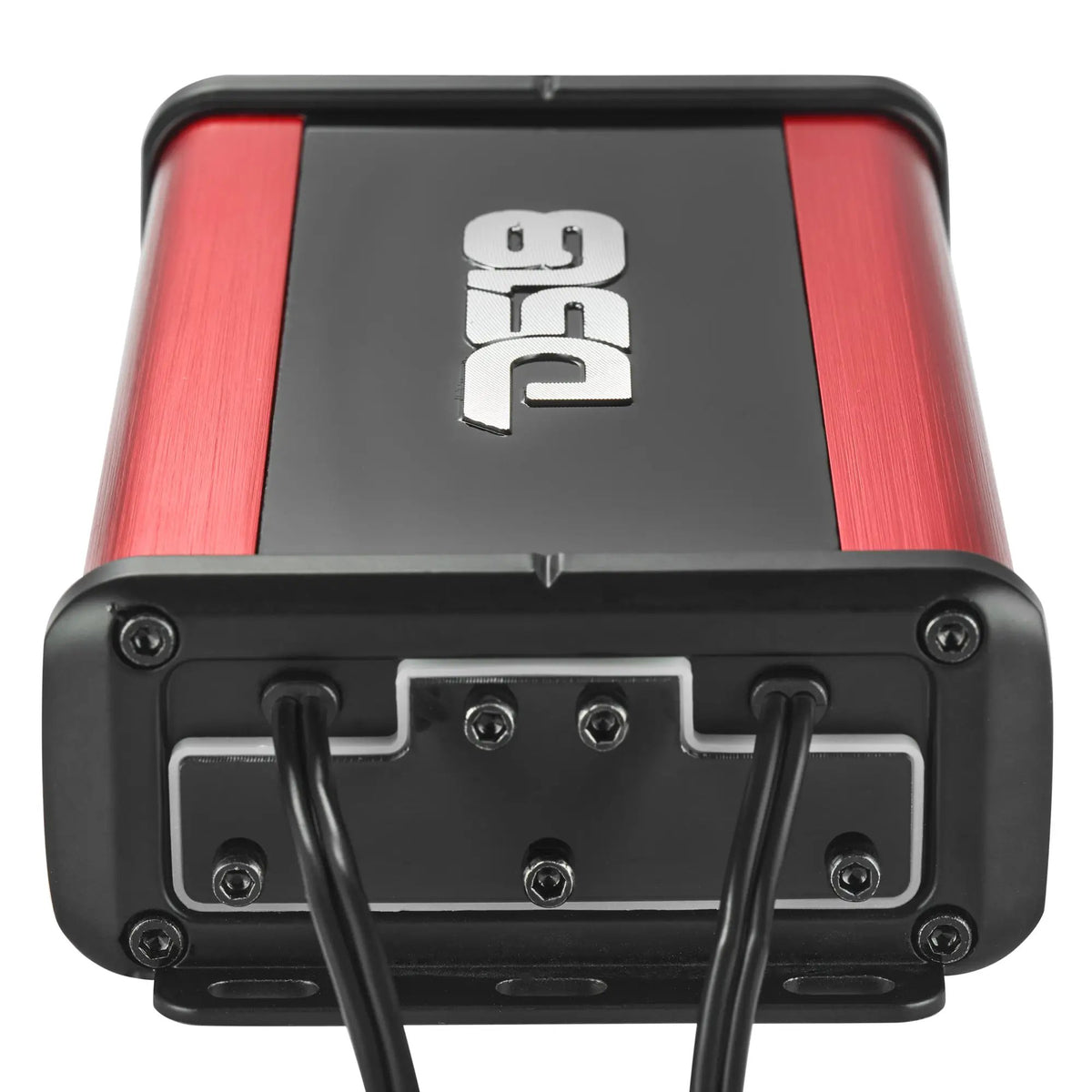 Angled view of a red-and-black DS18 amplifier with a screwed end-panel cover and two cable exits