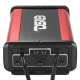 Angled view of a red-and-black DS18 amplifier with a screwed end-panel cover and two cable exits