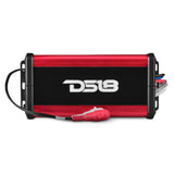 Top view of a red and black DS18 amplifier with red and white RCA leads across its front