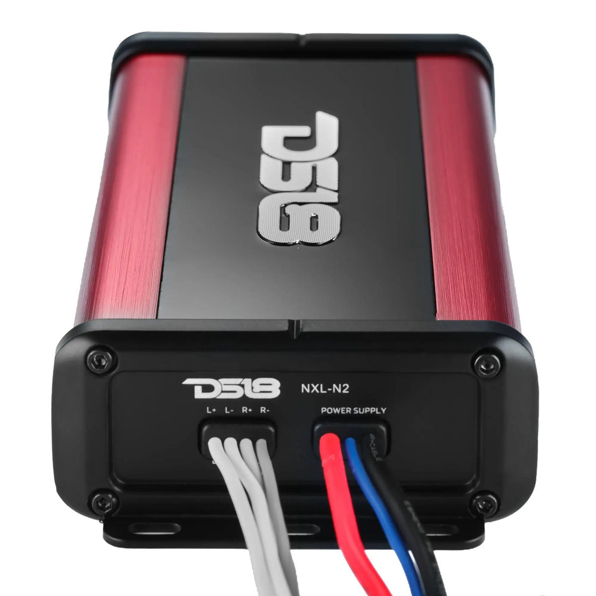 DS18 NXL-N2 amplifier end panel with left and right speaker wires and power-supply leads