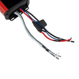 Close-up of a DS18 amplifier wire harness with an inline fuse holder and stripped wire ends
