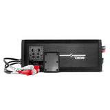 Black DS18 amplifier shown with its adjustment panel open, a detached cover and four RCA leads