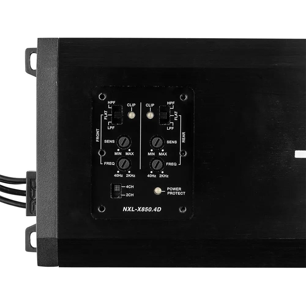 DS18 NXL-X850.4D controls with separate front and rear filters, sensitivity and frequency dials, clip lights and 2/4-channel switch