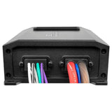 Black amplifier end panel with white and colored wires passing through two cable entries