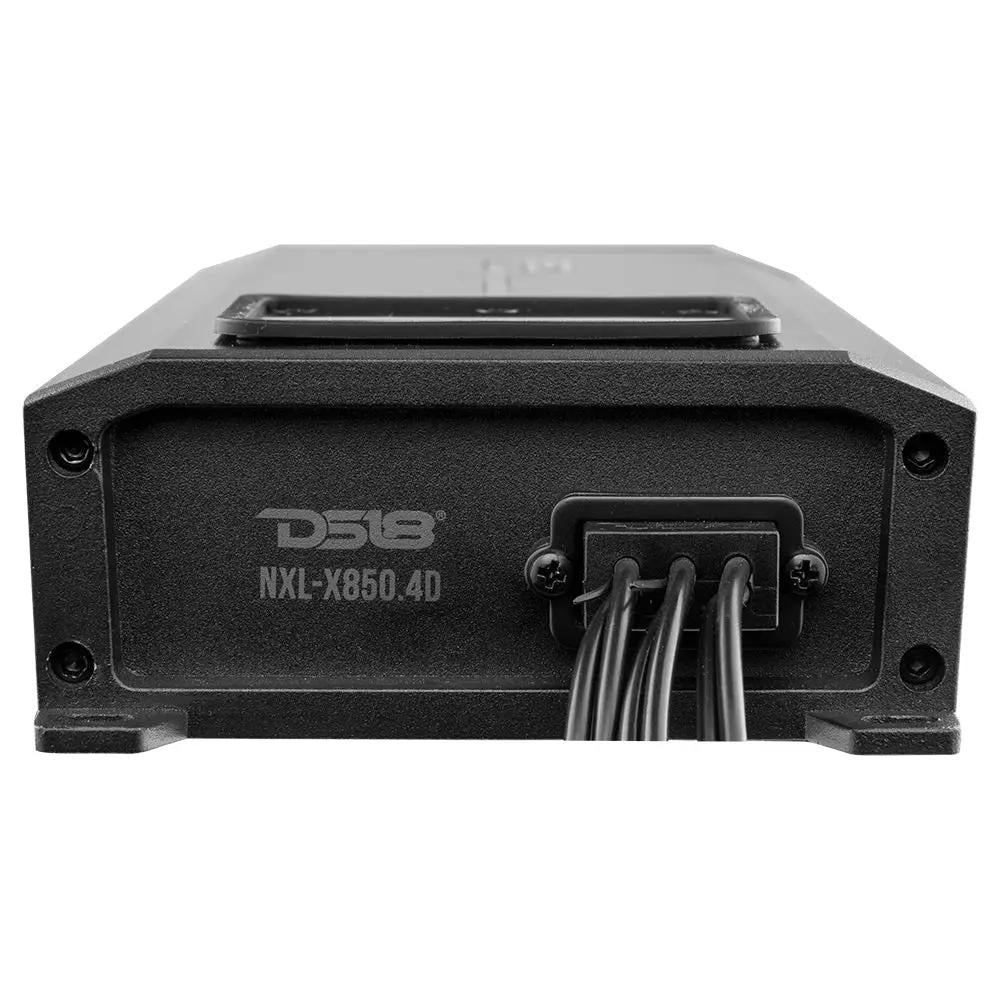 Cable end of a black DS18 NXL-X850.4D amplifier showing its model label and sealed cable entry