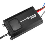 Angled top view of a black DS18 amplifier with a rectangular control cover and wiring leads