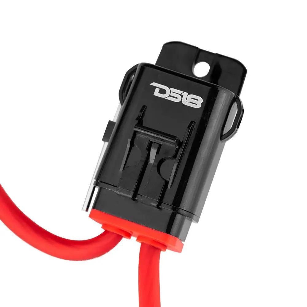 Close-up of a black DS18 inline fuse holder with red wire leads and a mounting tab