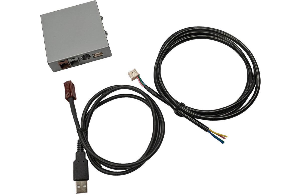 Silver interface module with a USB cable and a coiled bare-ended wire lead