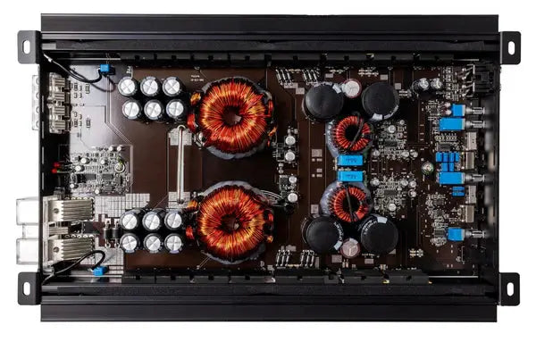 VFL 1500.2D amplifier, internal view of the circuit board, copper coils, and capacitor banks