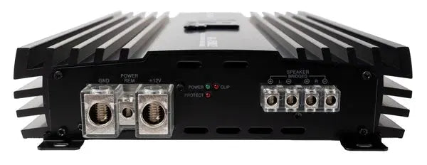 VFL 1500.2D amplifier, power and speaker terminal panel beneath the finned case